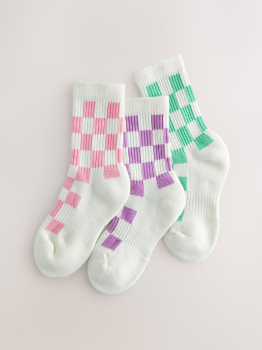 White, Pink, Purple and Green 3 Pack Cotton Rich Checkerboard Cushioned Sole Ankle Socks image 1
