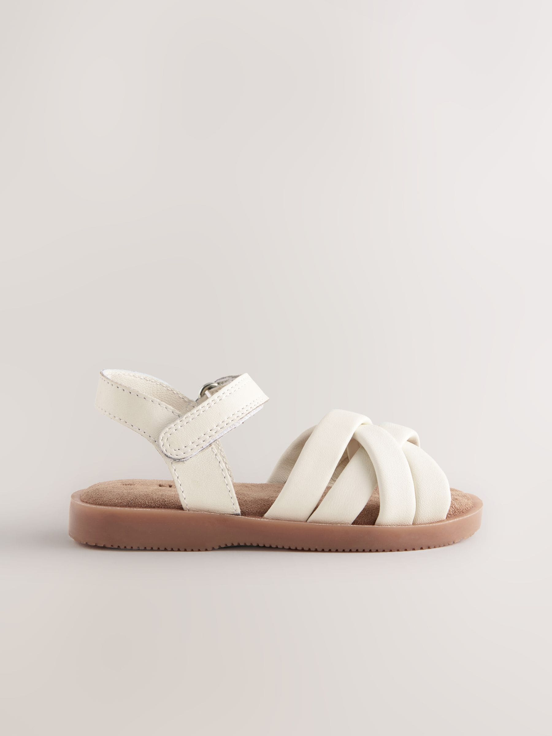 White Wide Fit (G) Leather Woven Sandals With Touch Fastening image 2
