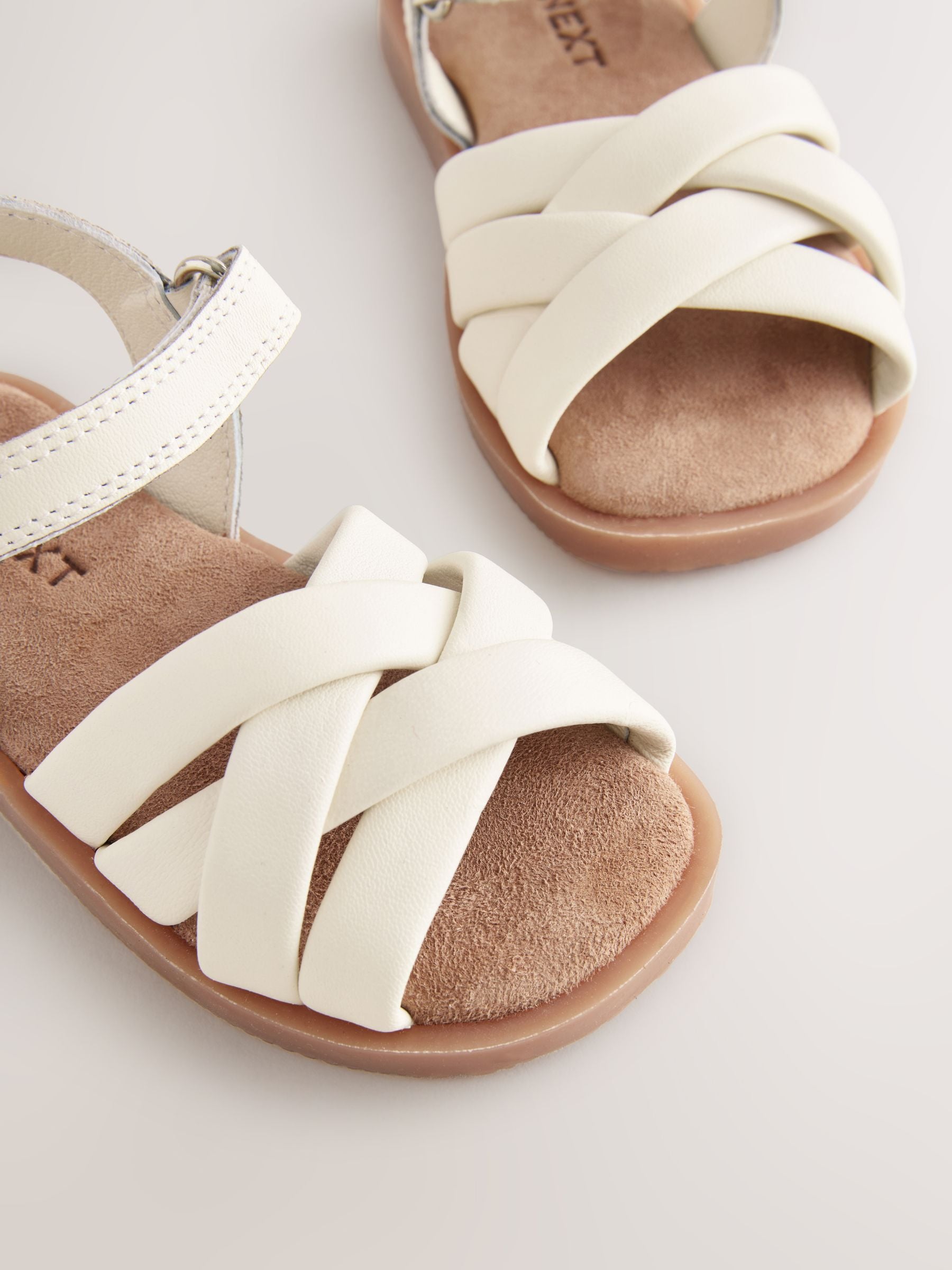 White Wide Fit (G) Leather Woven Sandals With Touch Fastening image 3