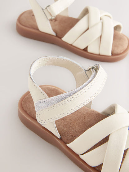 White Wide Fit (G) Leather Woven Sandals With Touch Fastening image 4