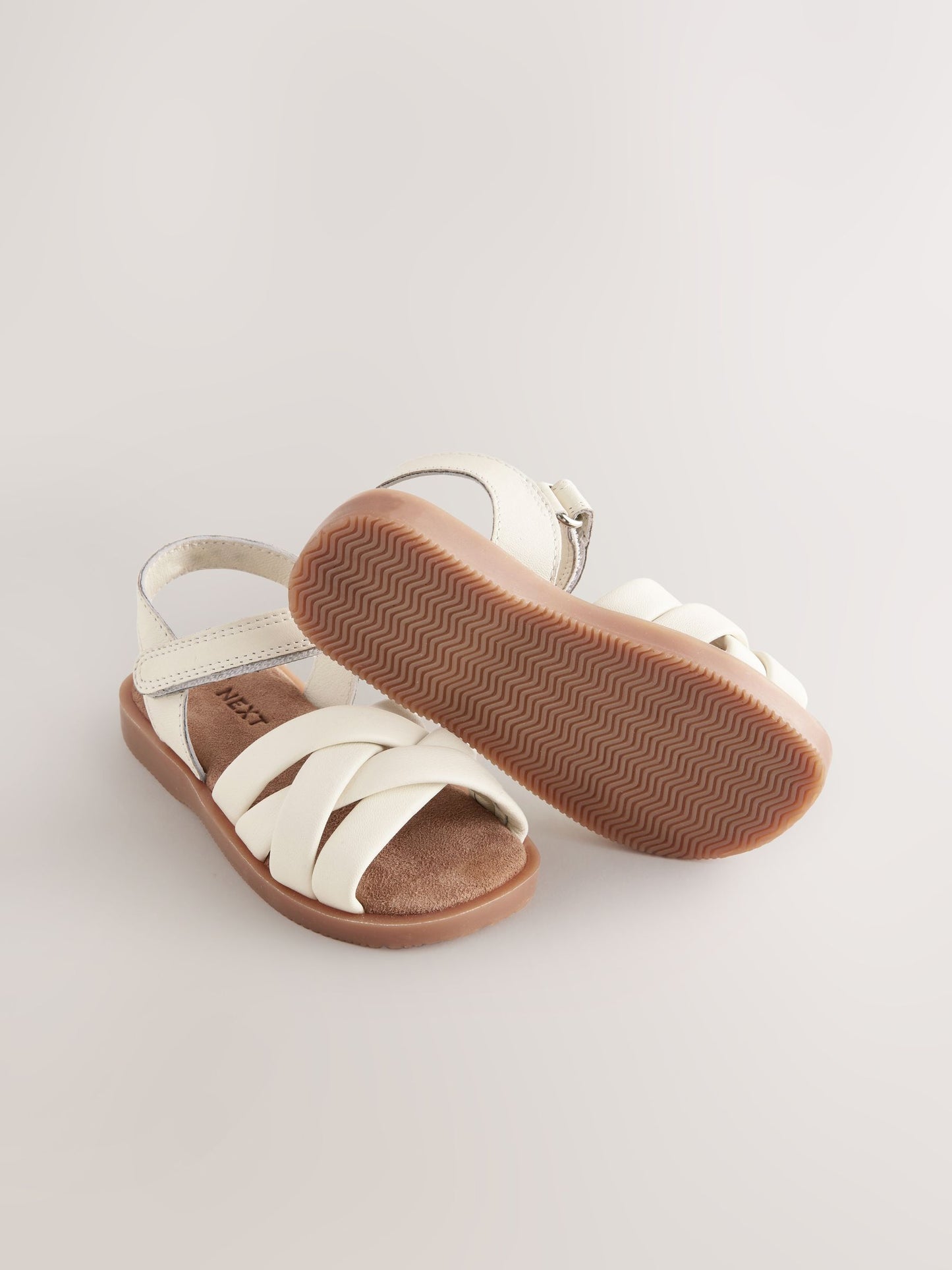 White Wide Fit (G) Leather Woven Sandals With Touch Fastening image 5