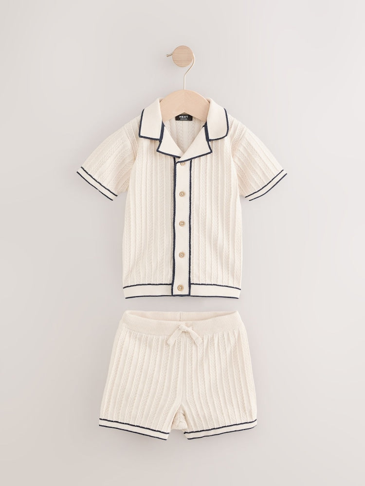 Ecru Knitted Button Through Polo Shirt and Shorts Set Immediate