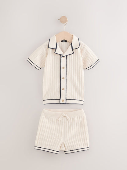Ecru Knitted Button Through Polo Shirt and Shorts Set Immediate