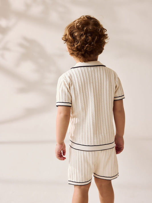 Ecru Knitted Button Through Polo Shirt and Shorts Set Immediate