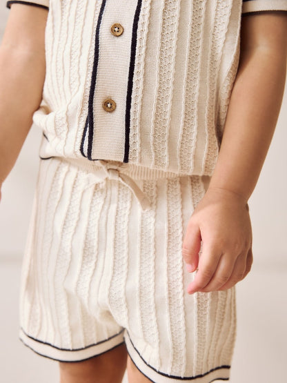 Ecru Knitted Button Through Polo Shirt and Shorts Set Immediate