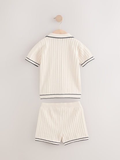Ecru Knitted Button Through Polo Shirt and Shorts Set Immediate