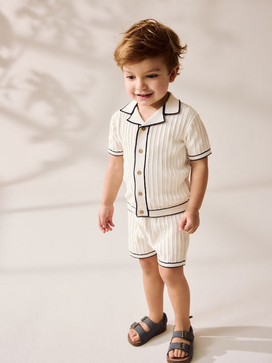 Ecru Knitted Button Through Polo Shirt and Shorts Set Immediate