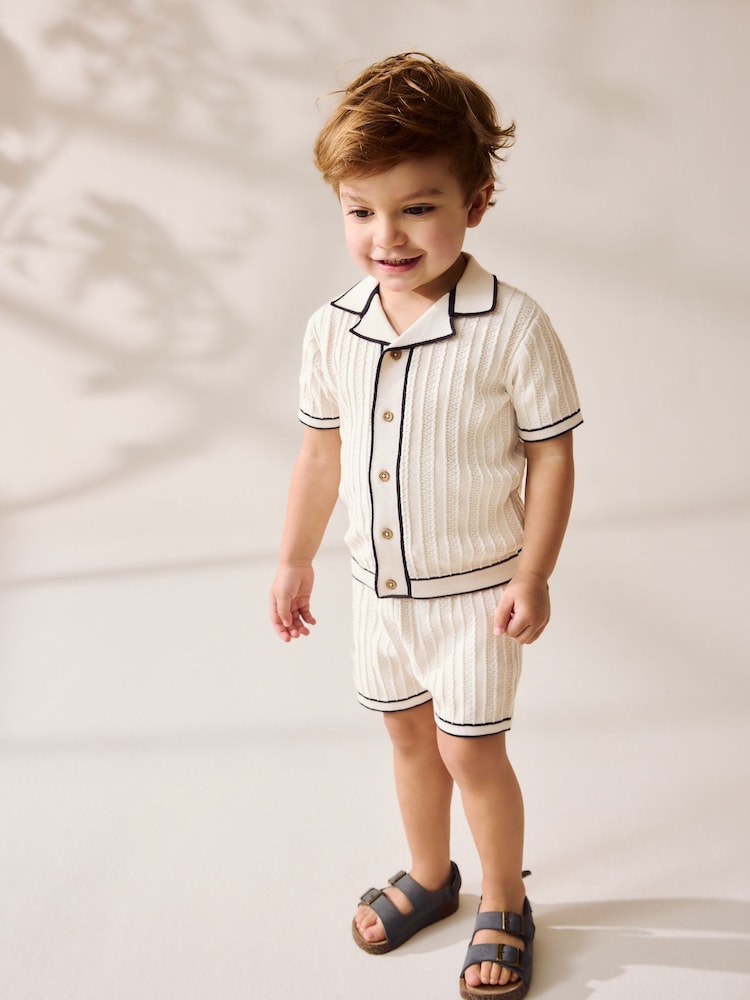 Ecru Knitted Button Through Polo Shirt and Shorts Set Immediate