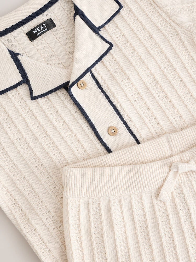 Ecru Knitted Button Through Polo Shirt and Shorts Set Immediate