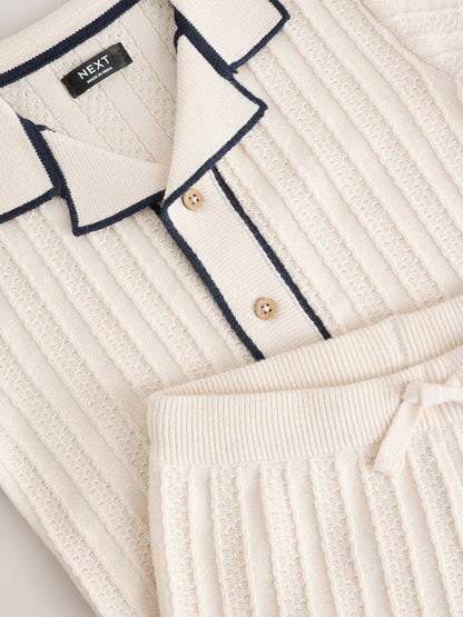 Ecru Knitted Button Through Polo Shirt and Shorts Set Immediate