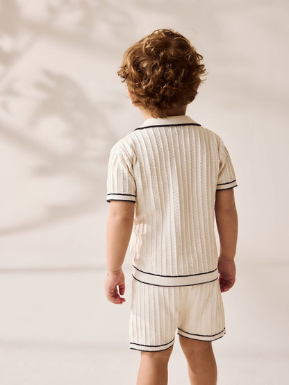 Ecru Knitted Button Through Polo Shirt and Shorts Set Immediate