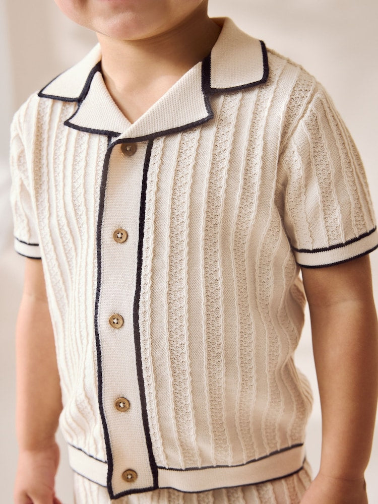 Ecru Knitted Button Through Polo Shirt and Shorts Set Immediate