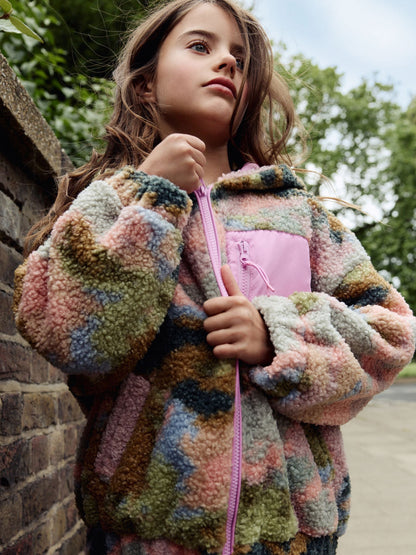 Pink/Green Abstract Hooded Zip Borg Fleece Jacket (3-16yrs)