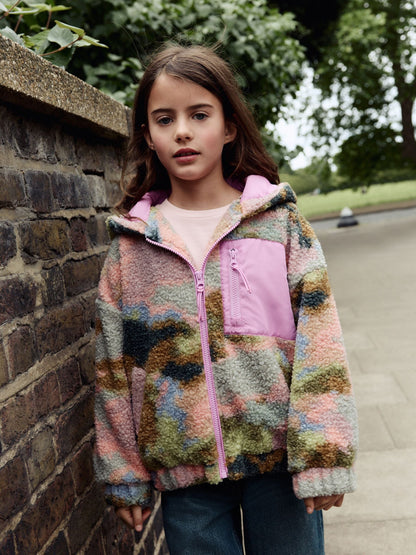 Pink/Green Abstract Hooded Zip Borg Fleece Jacket (3-16yrs)
