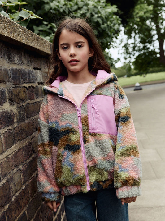 Pink/Green Abstract Hooded Zip Borg Fleece Jacket (3-16yrs)