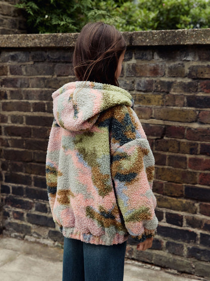 Pink/Green Abstract Hooded Zip Borg Fleece Jacket (3-16yrs)