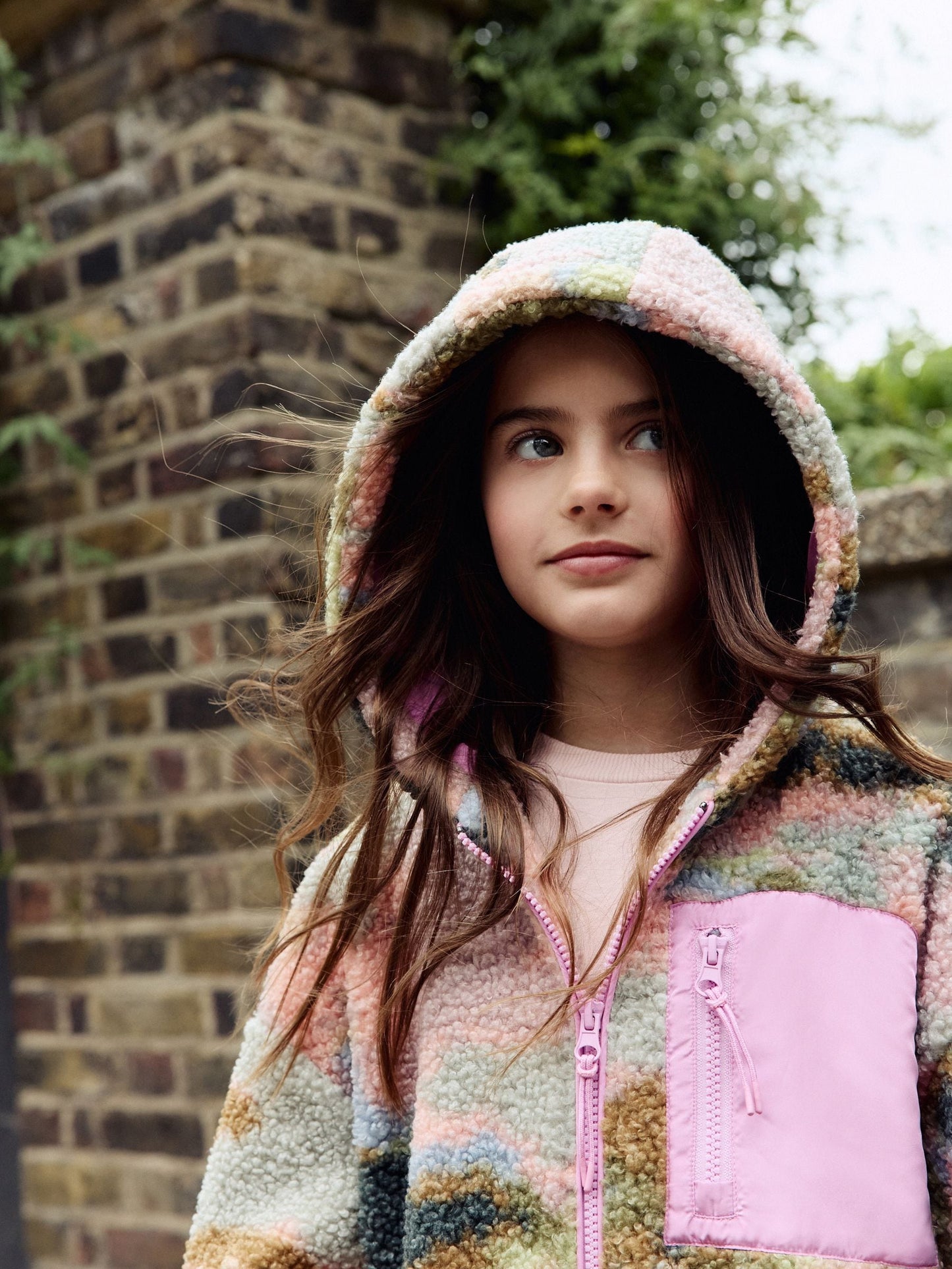 Pink/Green Abstract Hooded Zip Borg Fleece Jacket (3-16yrs)