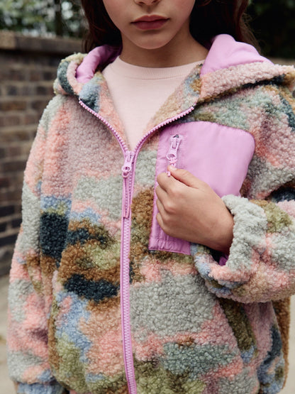 Pink/Green Abstract Hooded Zip Borg Fleece Jacket (3-16yrs)