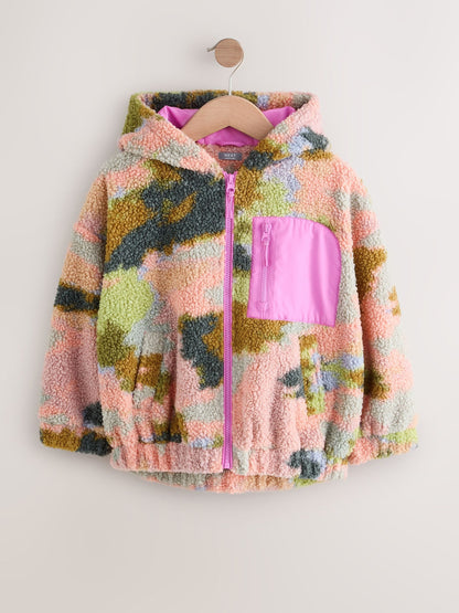 Pink/Green Abstract Hooded Zip Borg Fleece Jacket (3-16yrs)