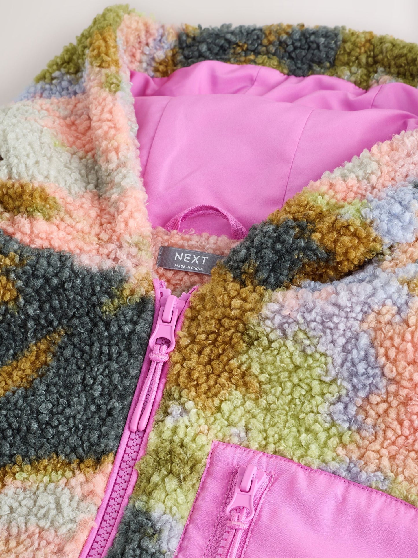 Pink/Green Abstract Hooded Zip Borg Fleece Jacket (3-16yrs)