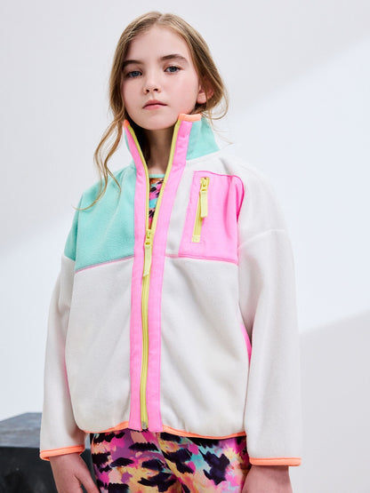 Cream/Pink Colourblock Print Zip-Up Fleece Jacket (3-16yrs)