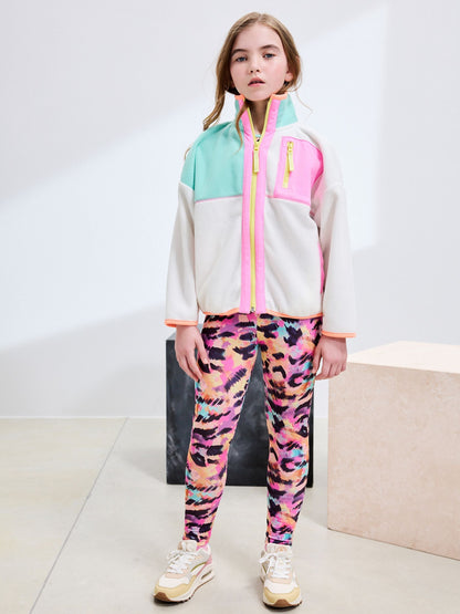 Cream/Pink Colourblock Print Zip-Up Fleece Jacket (3-16yrs)