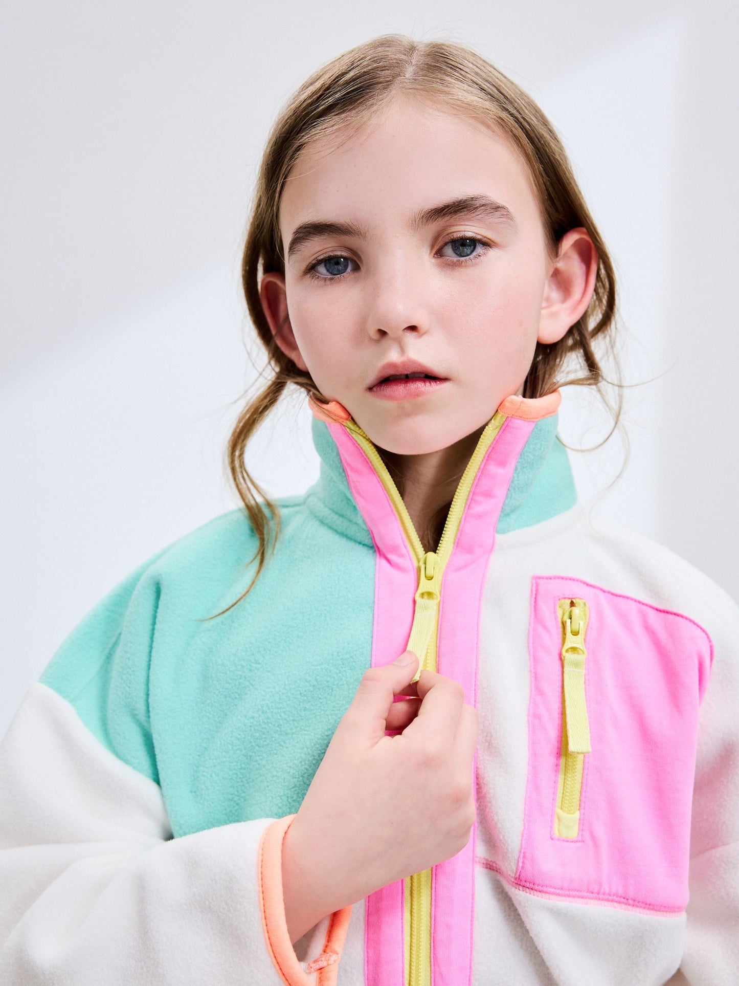 Cream/Pink Colourblock Print Zip-Up Fleece Jacket (3-16yrs)