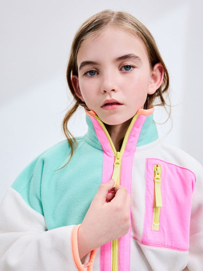 Cream/Pink Colourblock Print Zip-Up Fleece Jacket (3-16yrs)