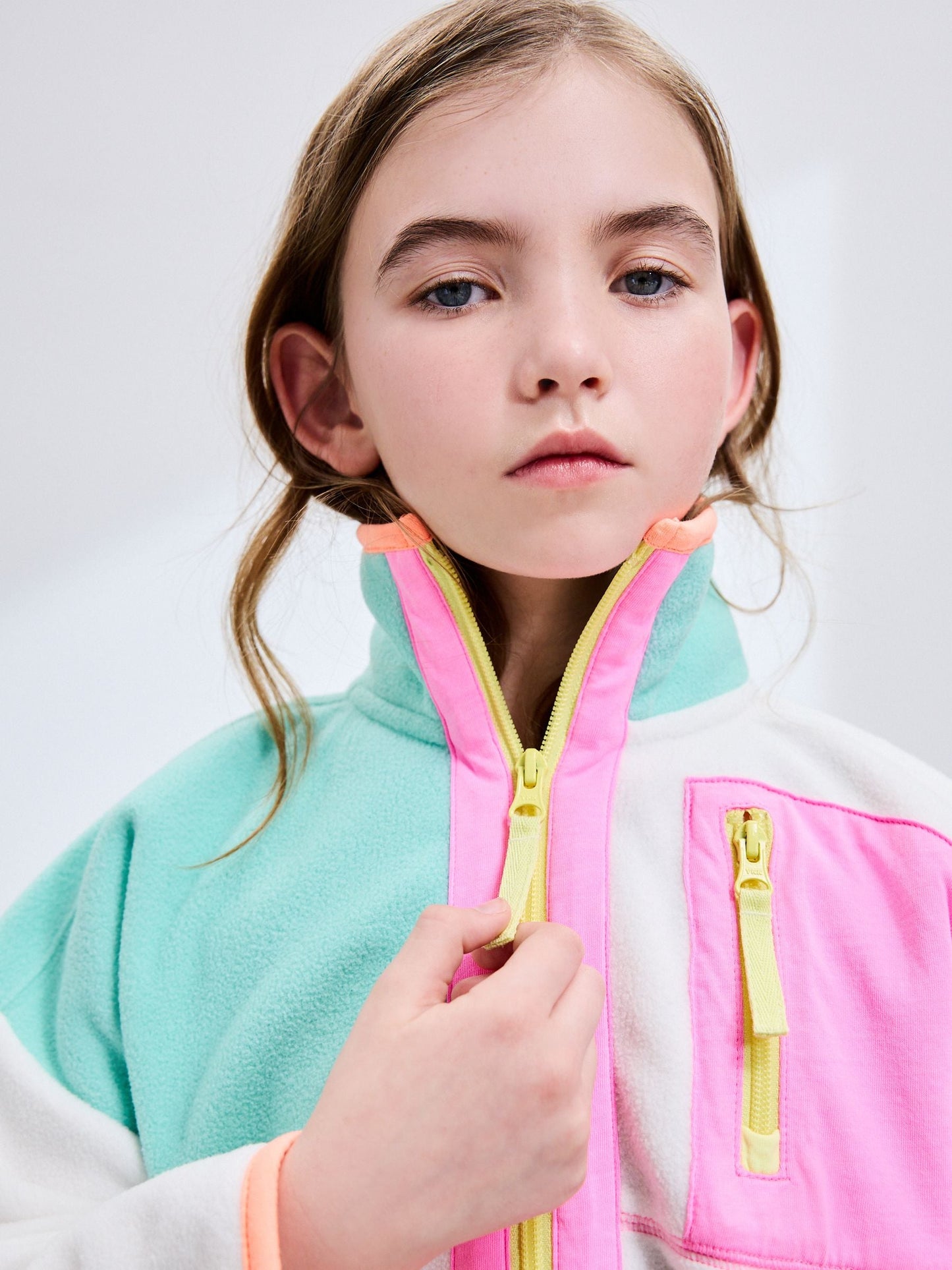 Cream/Pink Colourblock Print Zip-Up Fleece Jacket (3-16yrs)