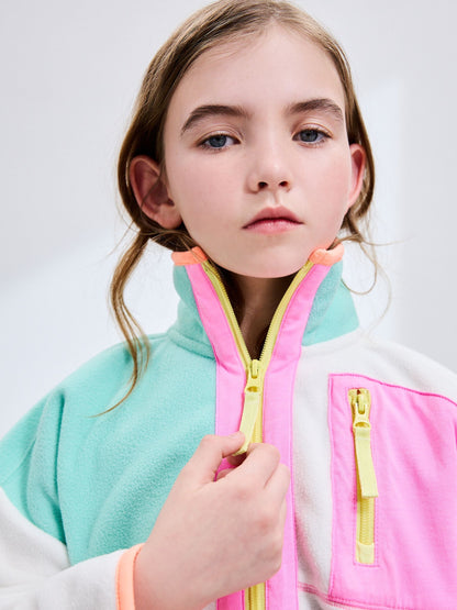 Cream/Pink Colourblock Print Zip-Up Fleece Jacket (3-16yrs)