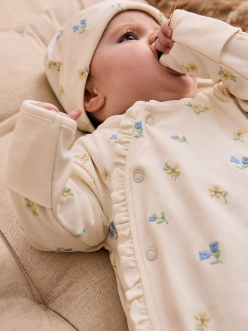 JoJo Maman Bébé Cream Floral Cotton Embroidered Sleepsuit & Hat Set image 1