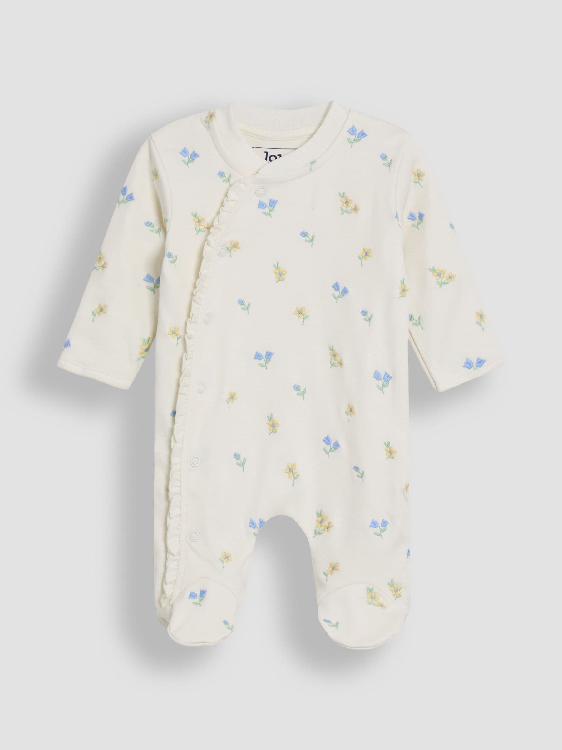 JoJo Maman Bébé Cream Floral Organic Cotton Embroidered Sleepsuit & Hat Set image 3