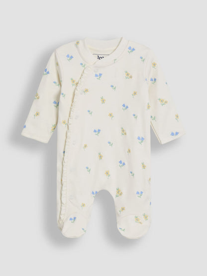 JoJo Maman Bébé Cream Floral Organic Cotton Embroidered Sleepsuit & Hat Set image 3