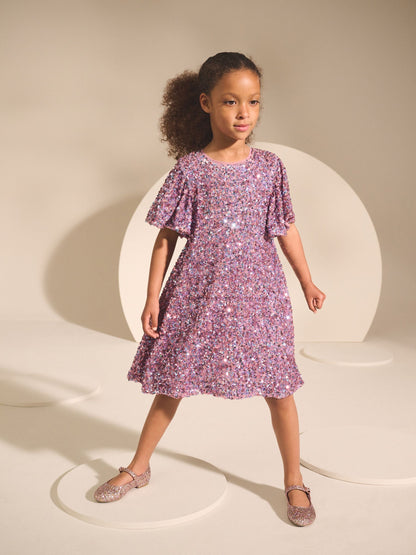 Dusky Pink Angel Sleeve Sequin Party Dress (3-16yrs)