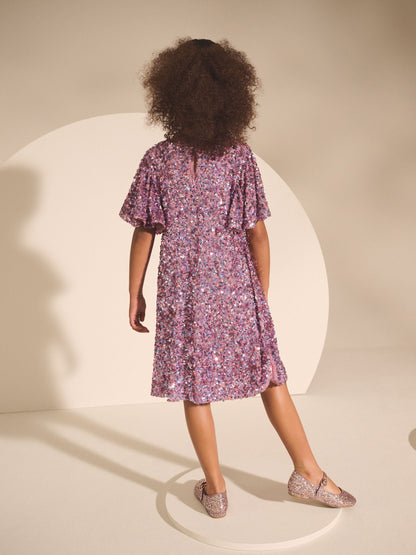 Dusky Pink Angel Sleeve Sequin Party Dress (3-16yrs)