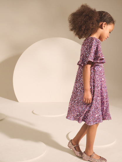 Dusky Pink Angel Sleeve Sequin Party Dress (3-16yrs)