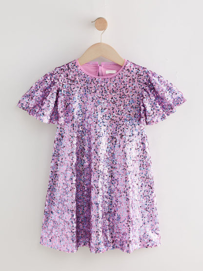 Dusky Pink Angel Sleeve Sequin Party Dress (3-16yrs)