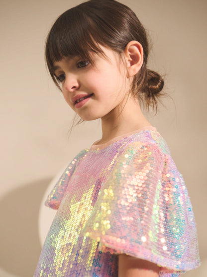 Rainbow Angel Sleeve Sequin Party Dress (3-16yrs) image 3