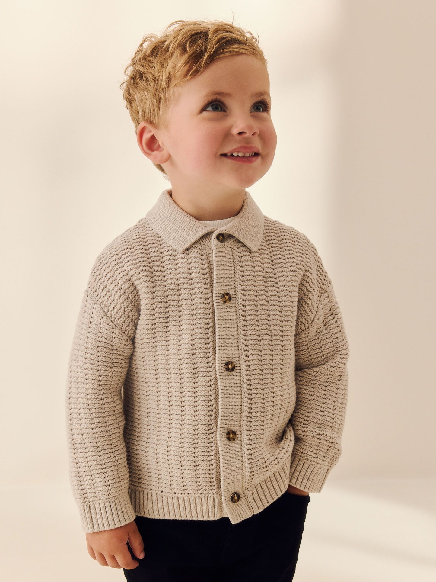 Dsiney Kidz - Neutral Textured Button Through Knitted Polo Shirt (3mths-7yrs) image 1
