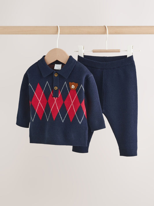 Blue/Red Argyle Baby Knitted Top and Leggings Set (0mths-2yrs) image 1