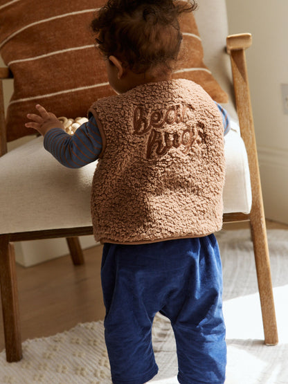 Blue/Brown Bear Hugs Slogan Borg Baby Gilet Top and Leggings Set (0mths-2yrs) image 1