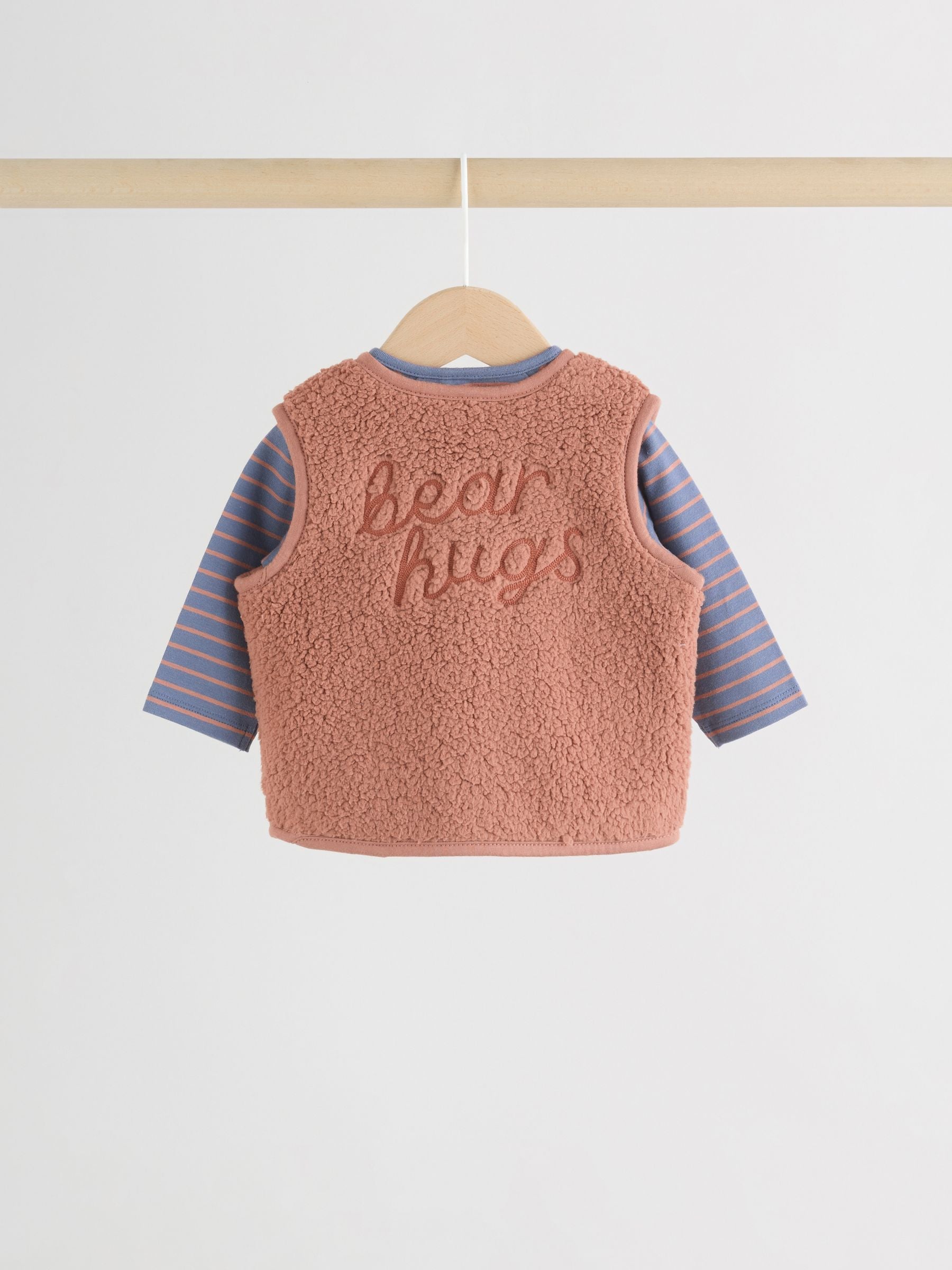 Blue/Brown Bear Hugs Slogan Borg Baby Gilet Top and Leggings Set (0mths-2yrs) image 3