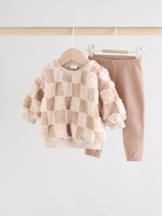 Neutral Checkerboard Baby Fleece Top and Joggers Set (0mths-2yrs) image 1