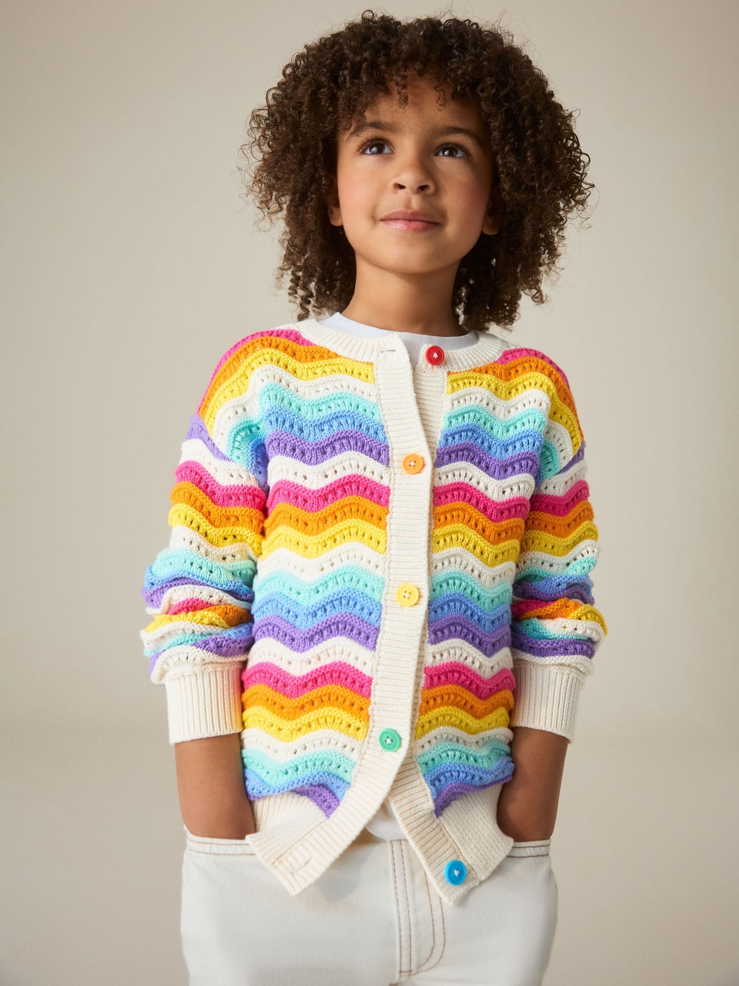 Dsiney Kidz - Little Bird by Jools Oliver Rainbow 100% Cotton Wavy Stripe Knitted Cardigan image 1