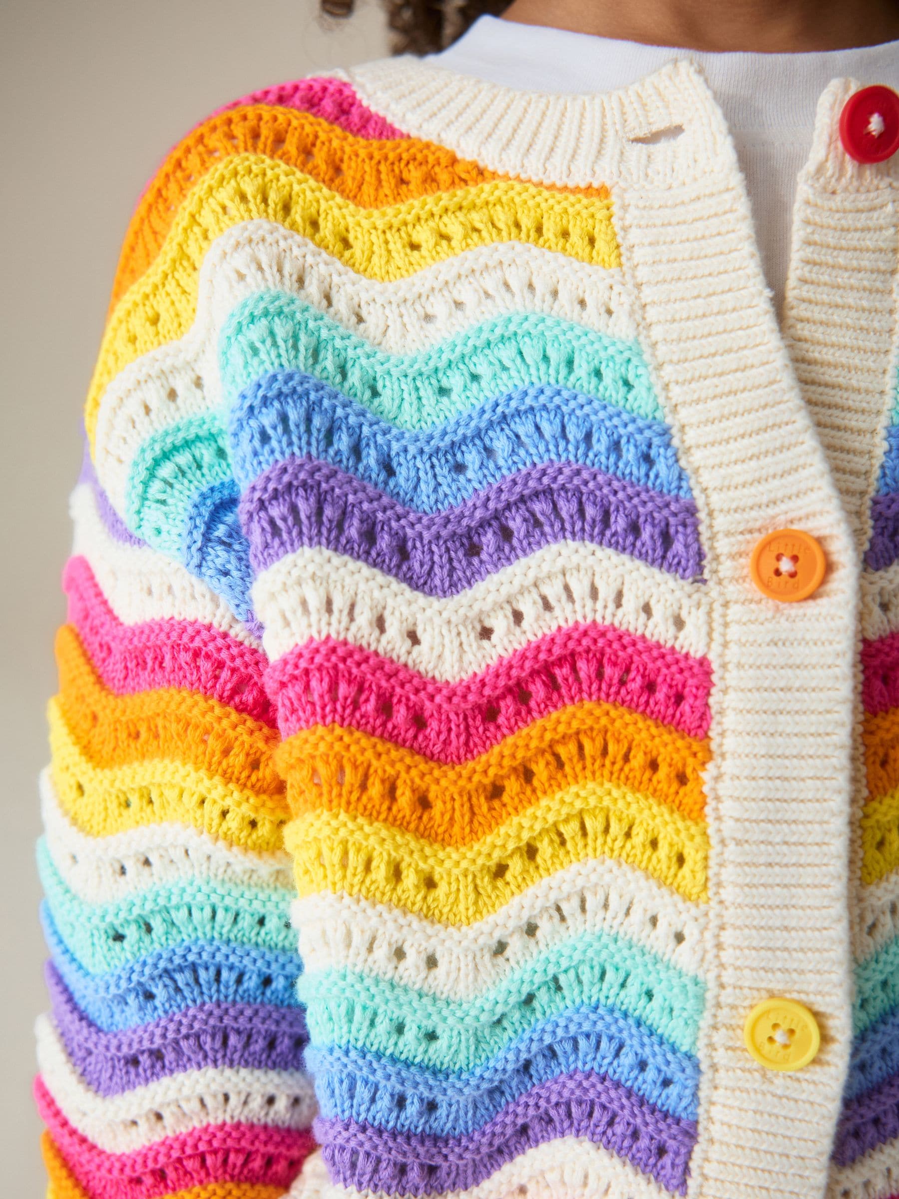 Dsiney Kidz - Little Bird by Jools Oliver Rainbow 100% Cotton Wavy Stripe Knitted Cardigan image 2