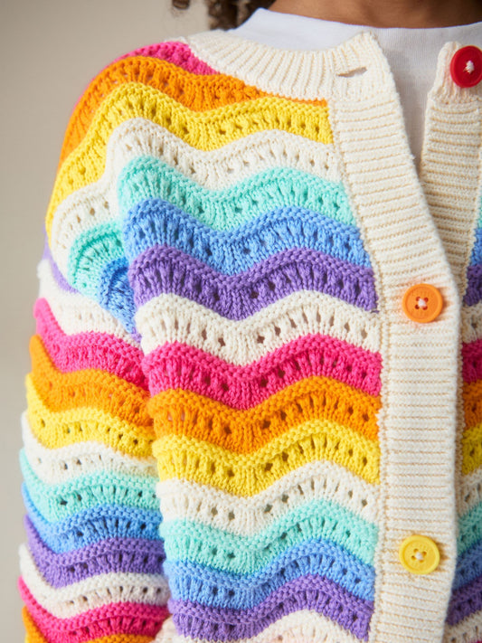 Dsiney Kidz - Little Bird by Jools Oliver Rainbow 100% Cotton Wavy Stripe Knitted Cardigan image 2