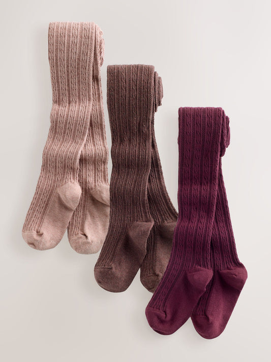 Pink Berry Red and Chocolate Brown Regular Length Cotton Rich Cable Tights 3 Pack image 1