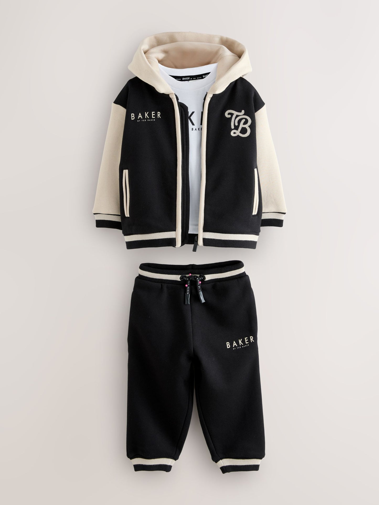 Dsiney Kidz - Baker by Ted Baker Black/Ecru 3 Piece Varsity Hoodie T-Shirt and Joggers Set image 9