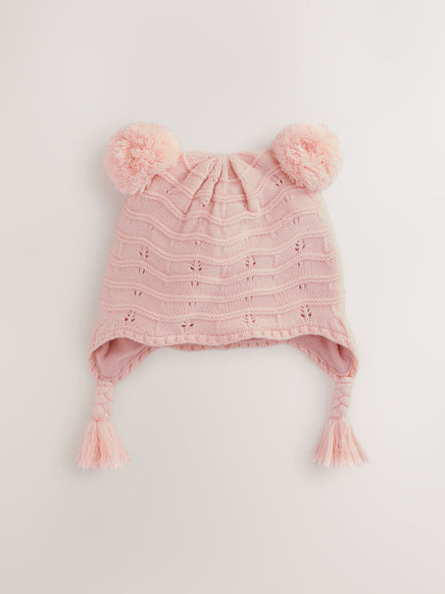 Pink Baby Pointelle Double Pom Trapper Hat (0mths-2yrs) image 1