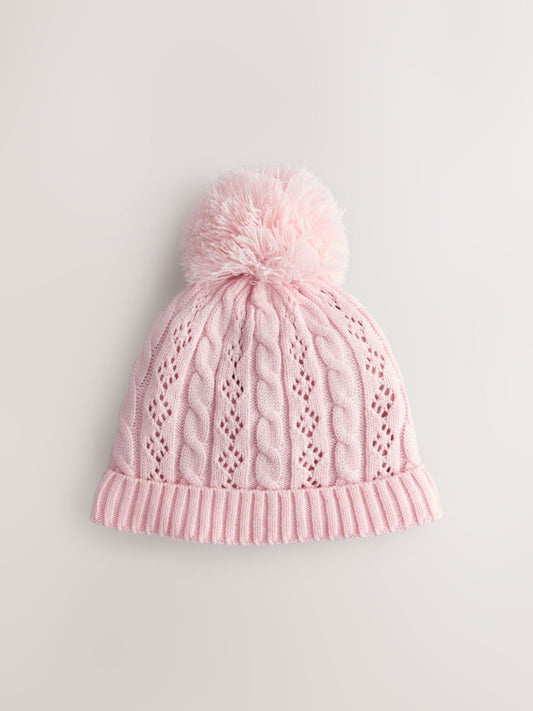 Pink Pointelle Cable Knitted Pom Hat image 1
